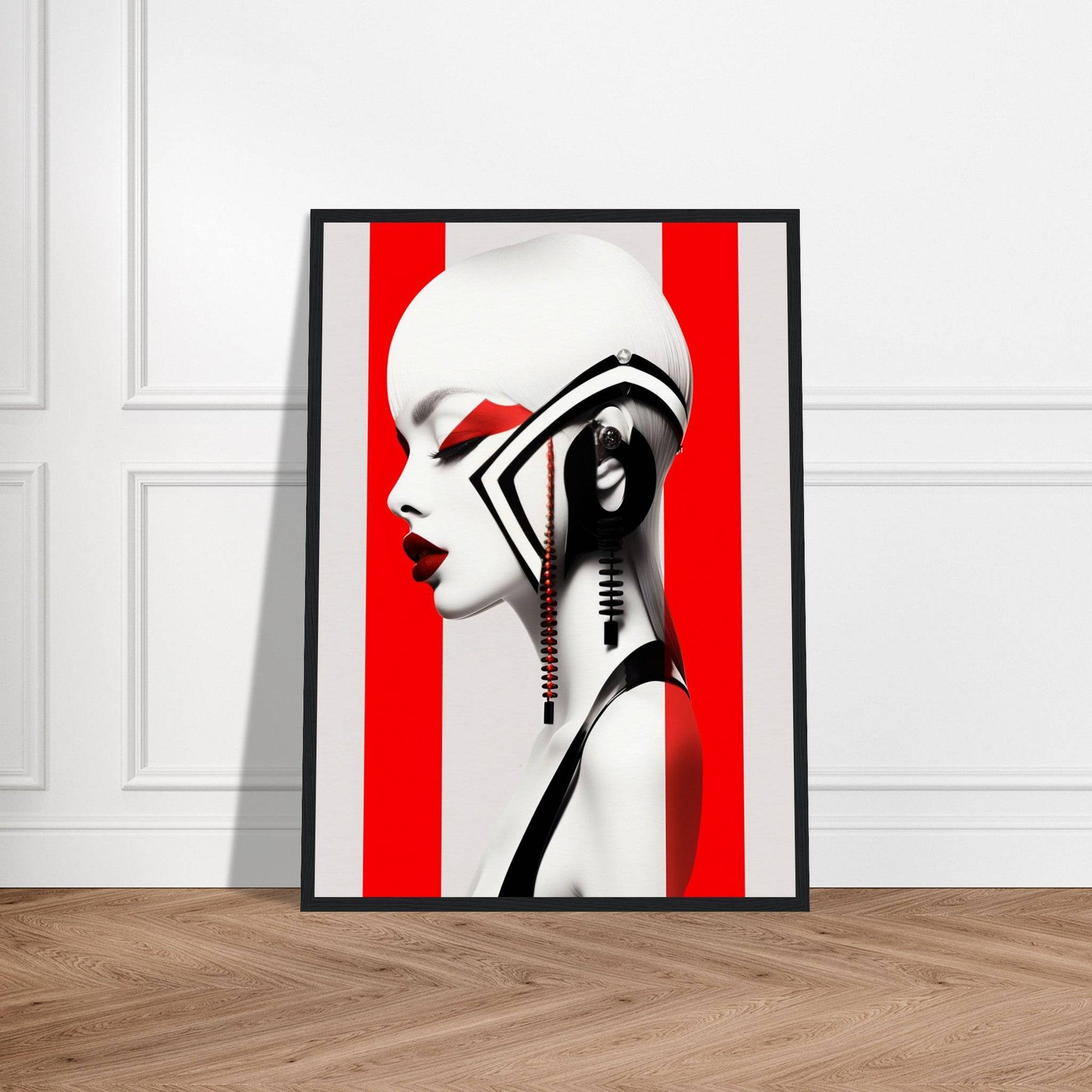 Framed artistic portrait of a stylized female profile with bold red and white color contrast.