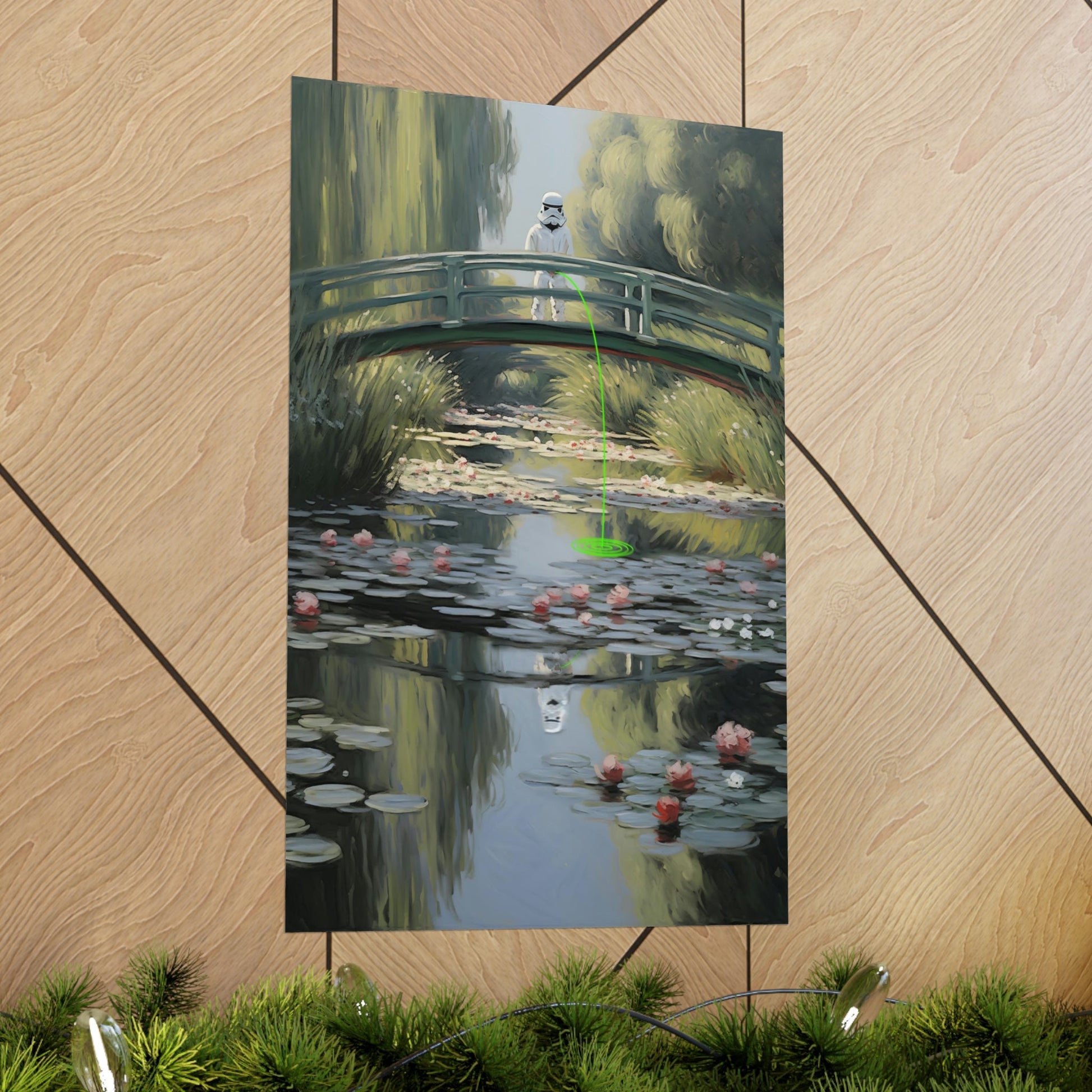 Painting of a curved bridge over a lily pond with reflections in the water.