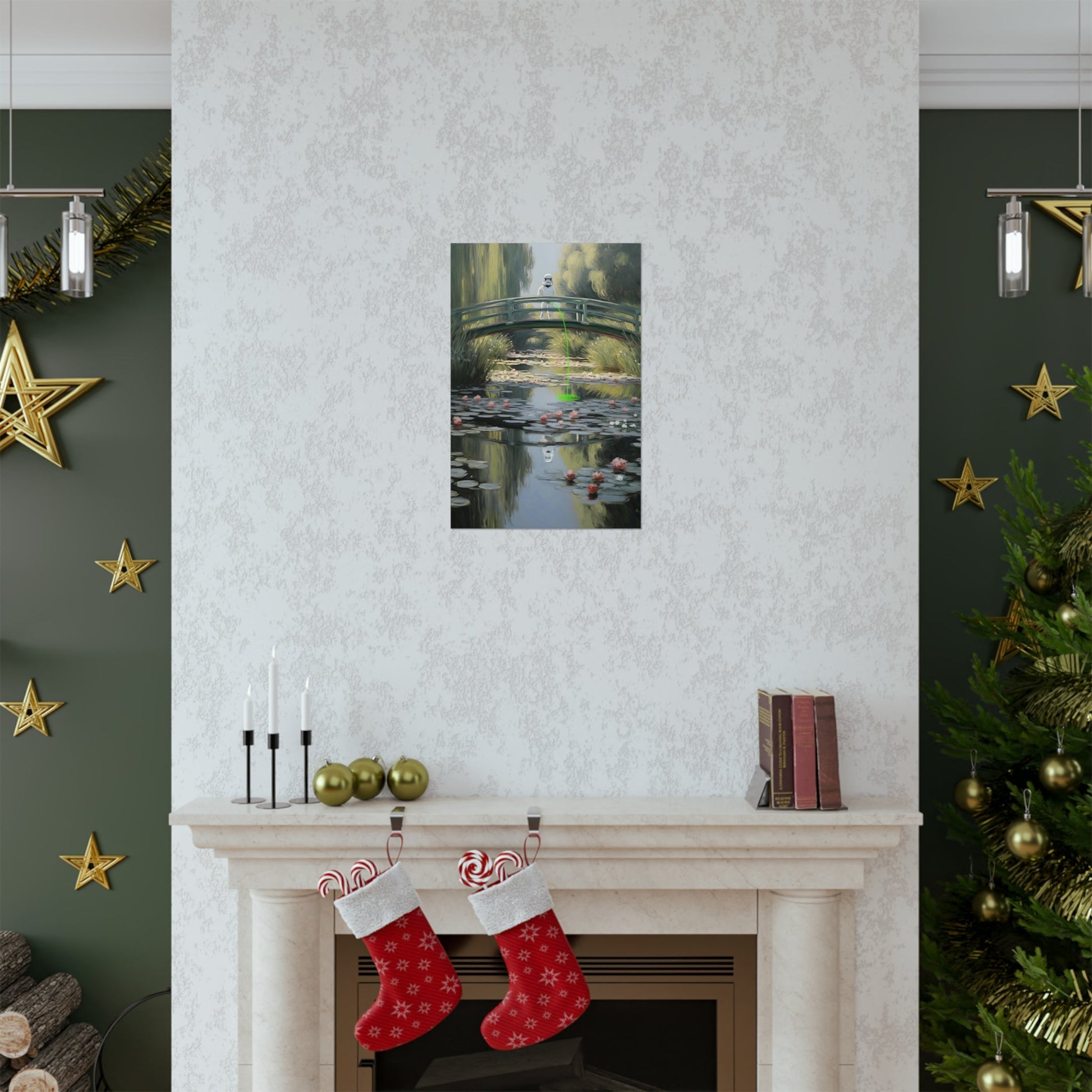 Fireplace mantel decorated for Christmas with stockings and a painting above.