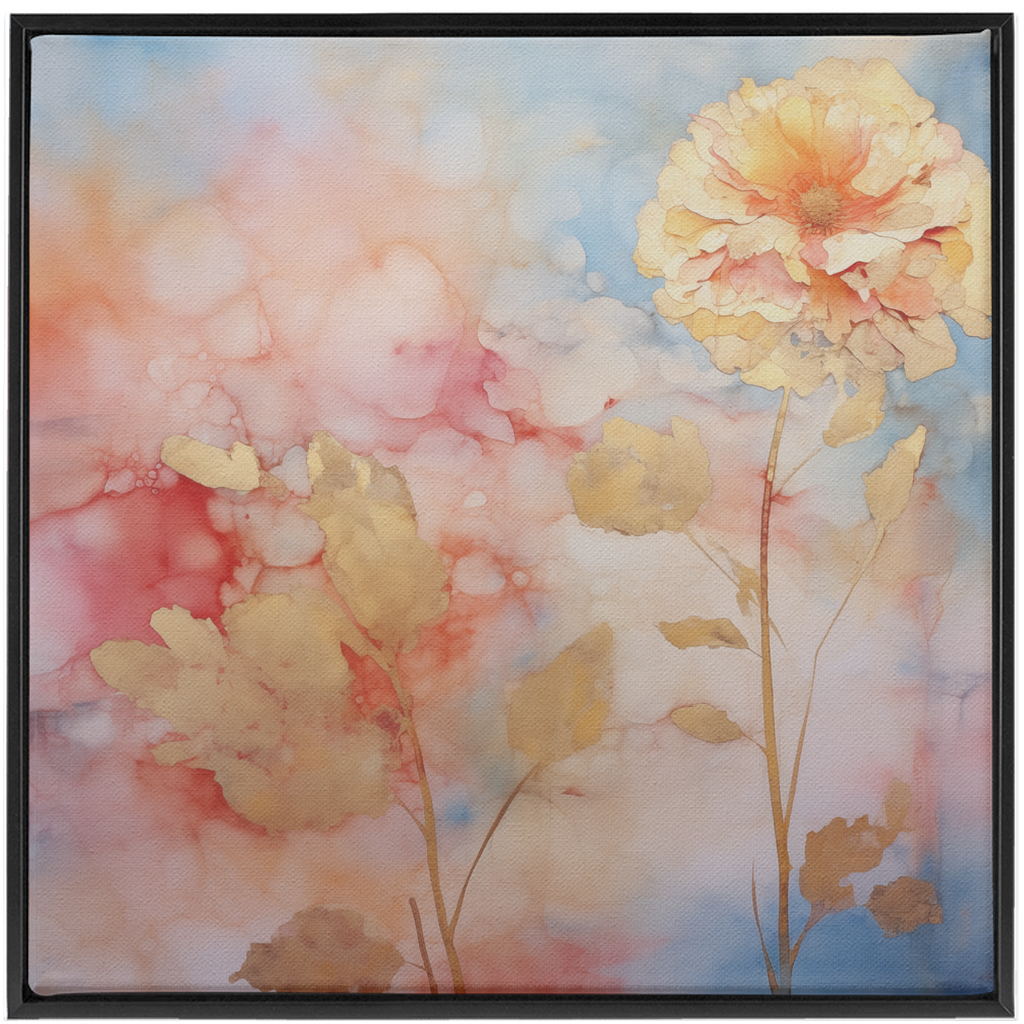 Delicate watercolor painting of soft, pastel-colored flowers with a prominent yellow bloom.