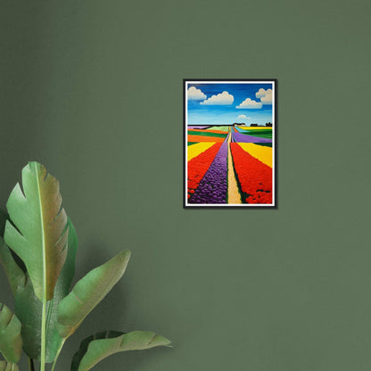 Colorful painting of vibrant flower fields with a road leading to the horizon.