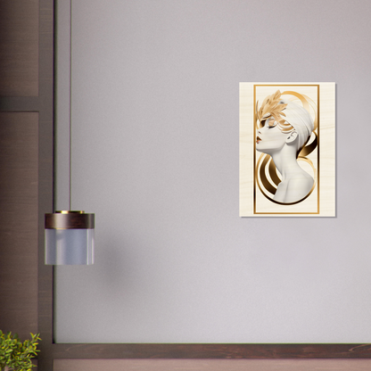 Framed artwork depicting a stylized golden profile of a woman’s face and hair.