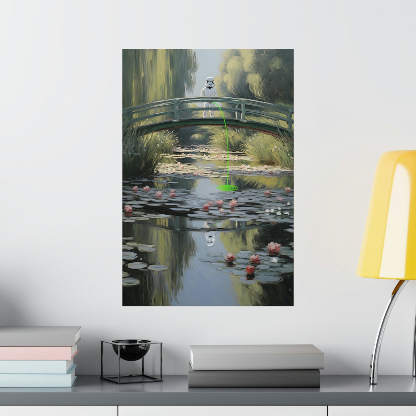 Painting of a curved bridge over a lily pond with water reflections.