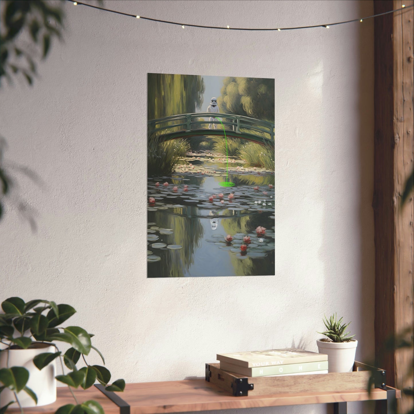 Painting of a bridge over a lily pond in an impressionist style.