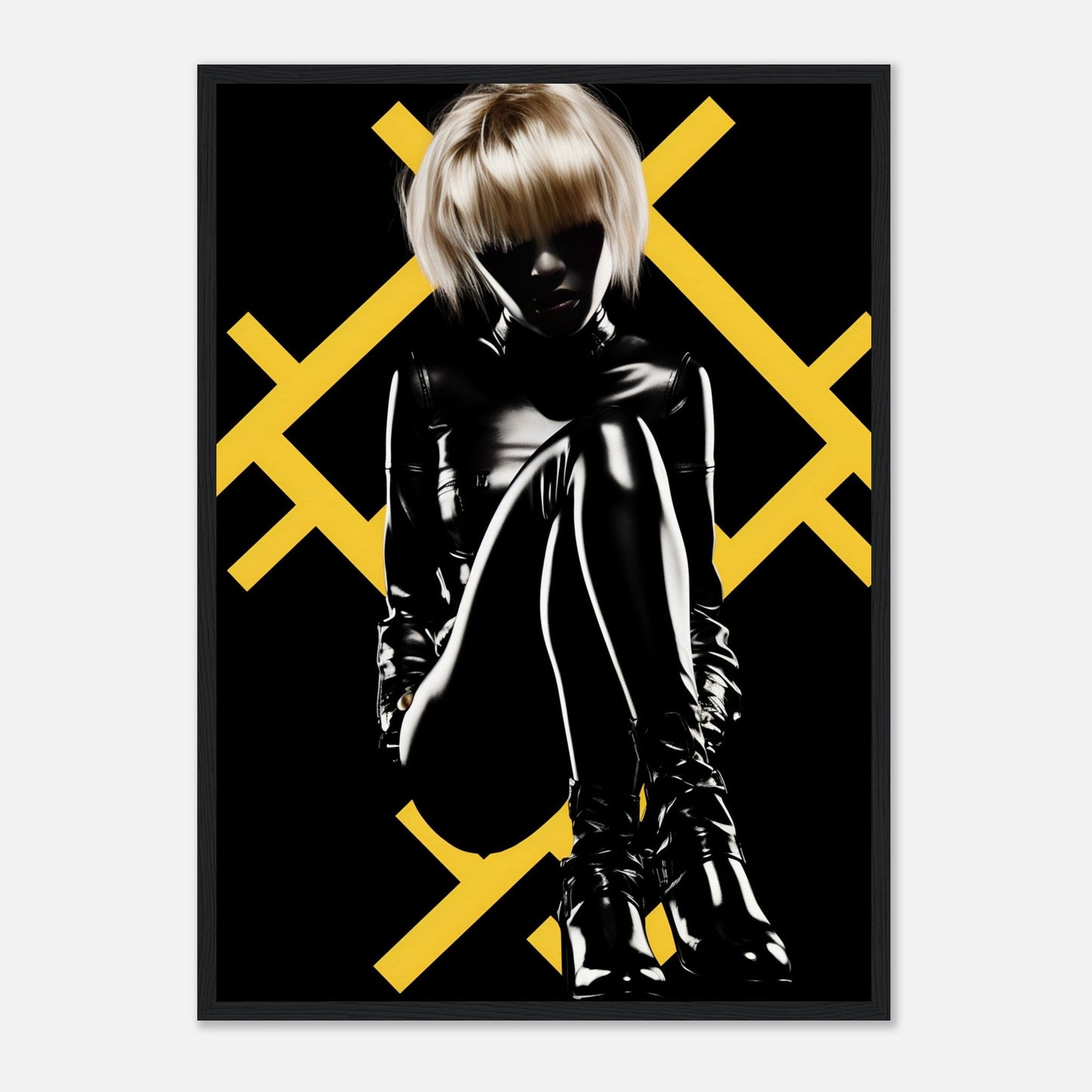 Shadowy figure in shiny black clothing against a backdrop of yellow X shapes.