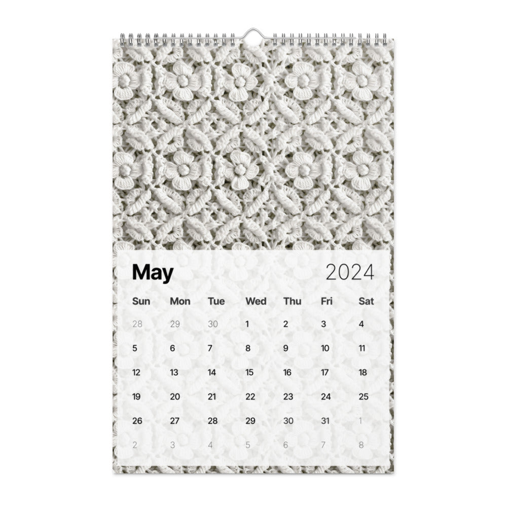 Calendar page for May 2024 with an intricate lace pattern at the top.