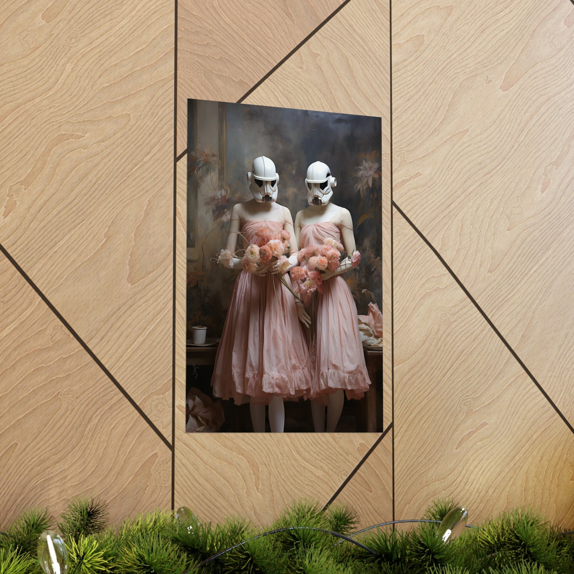 Surreal photograph of two figures in pink dresses wearing white masks.