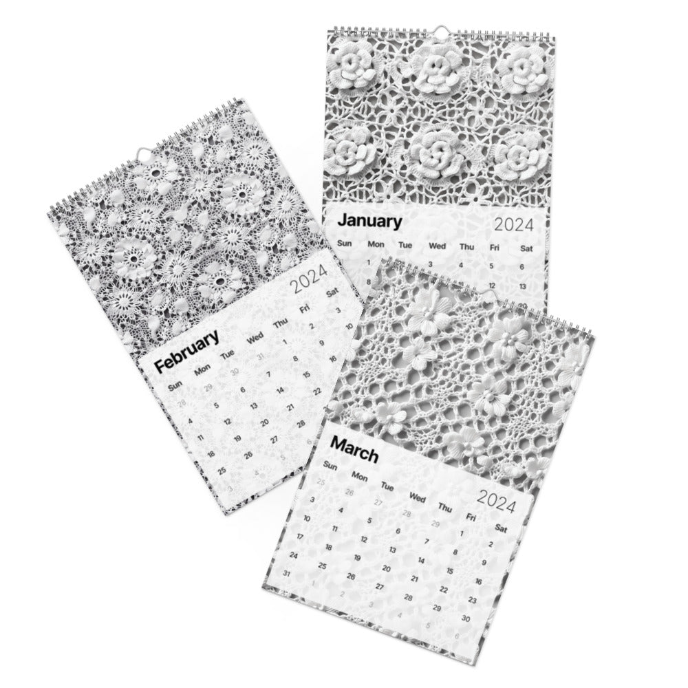 Calendar pages for January, February, and March 2024 with decorative floral patterns.