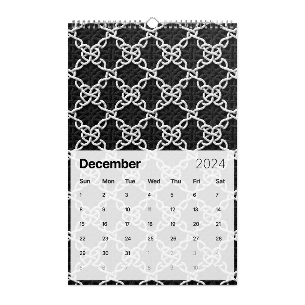 Calendar page for December 2024 with a decorative black and white patterned background.