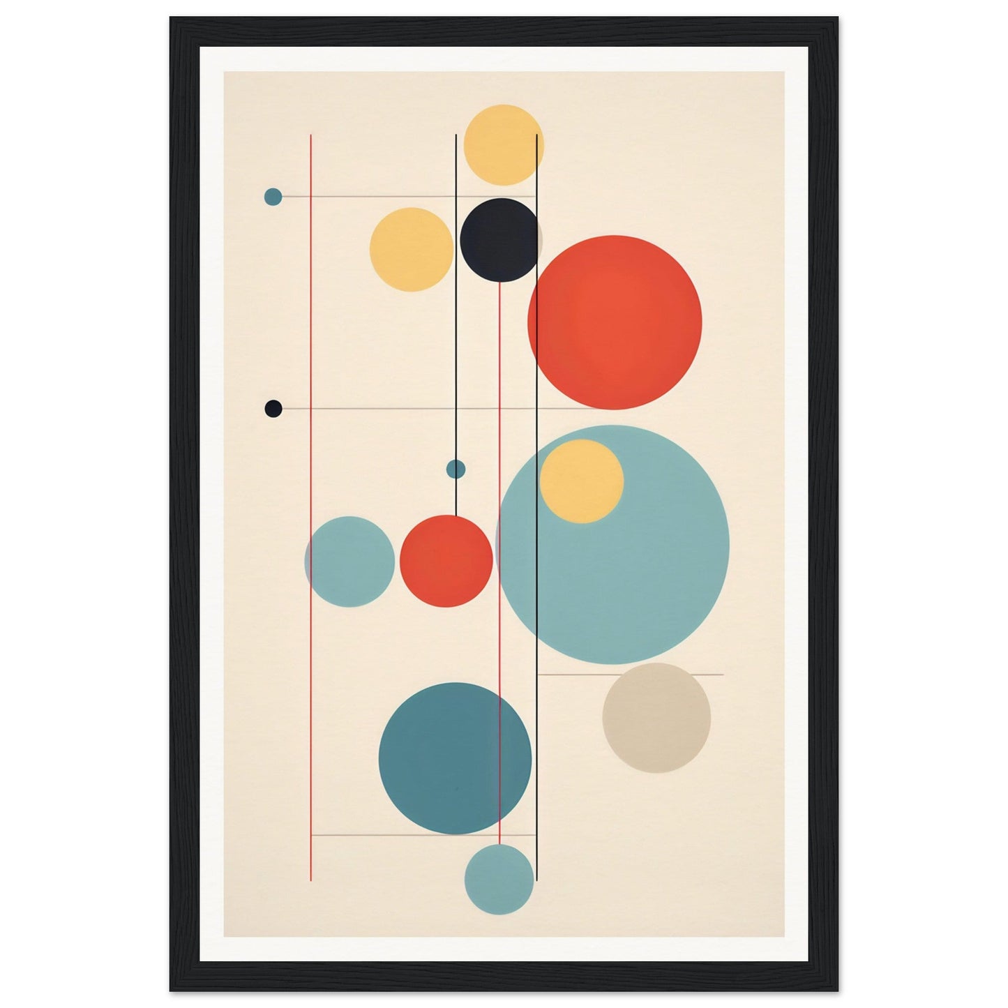 Abstract geometric artwork featuring colorful circles connected by thin vertical lines.