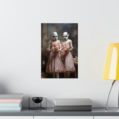 Vintage photograph of two figures in pink dresses wearing rabbit masks.