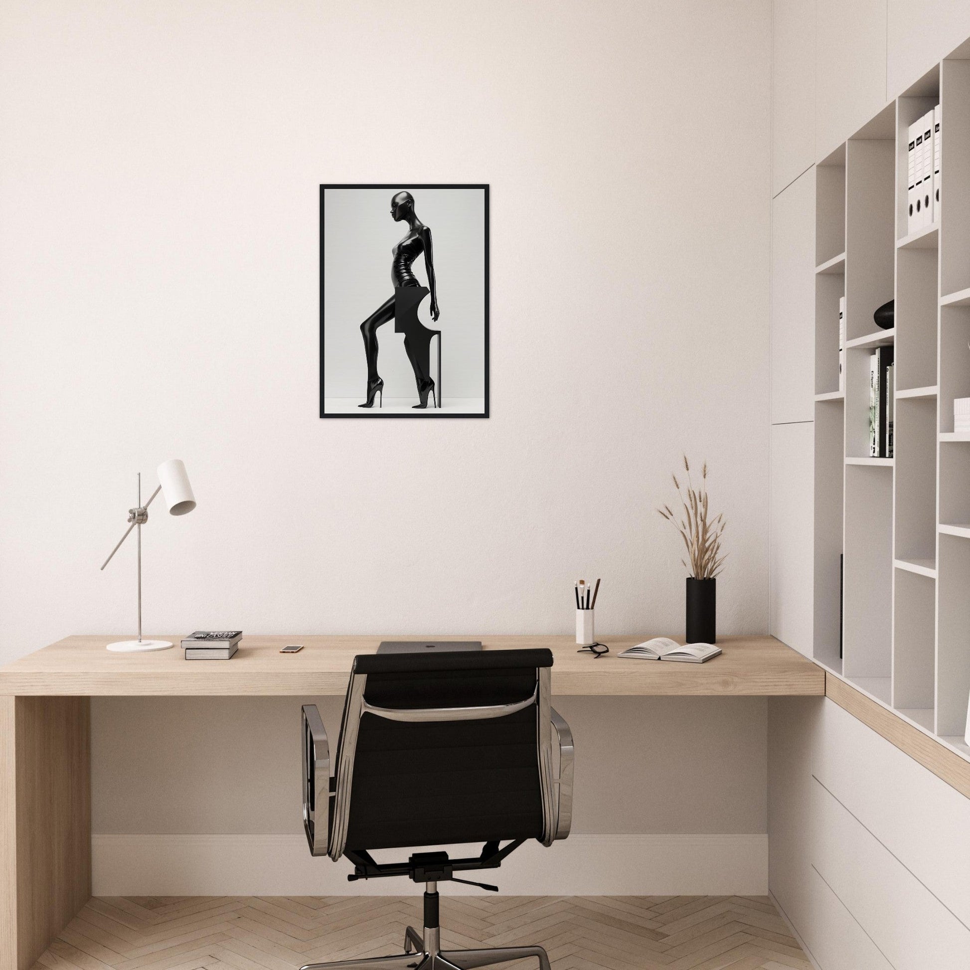 Minimalist home office workspace with a wooden desk and black office chair.