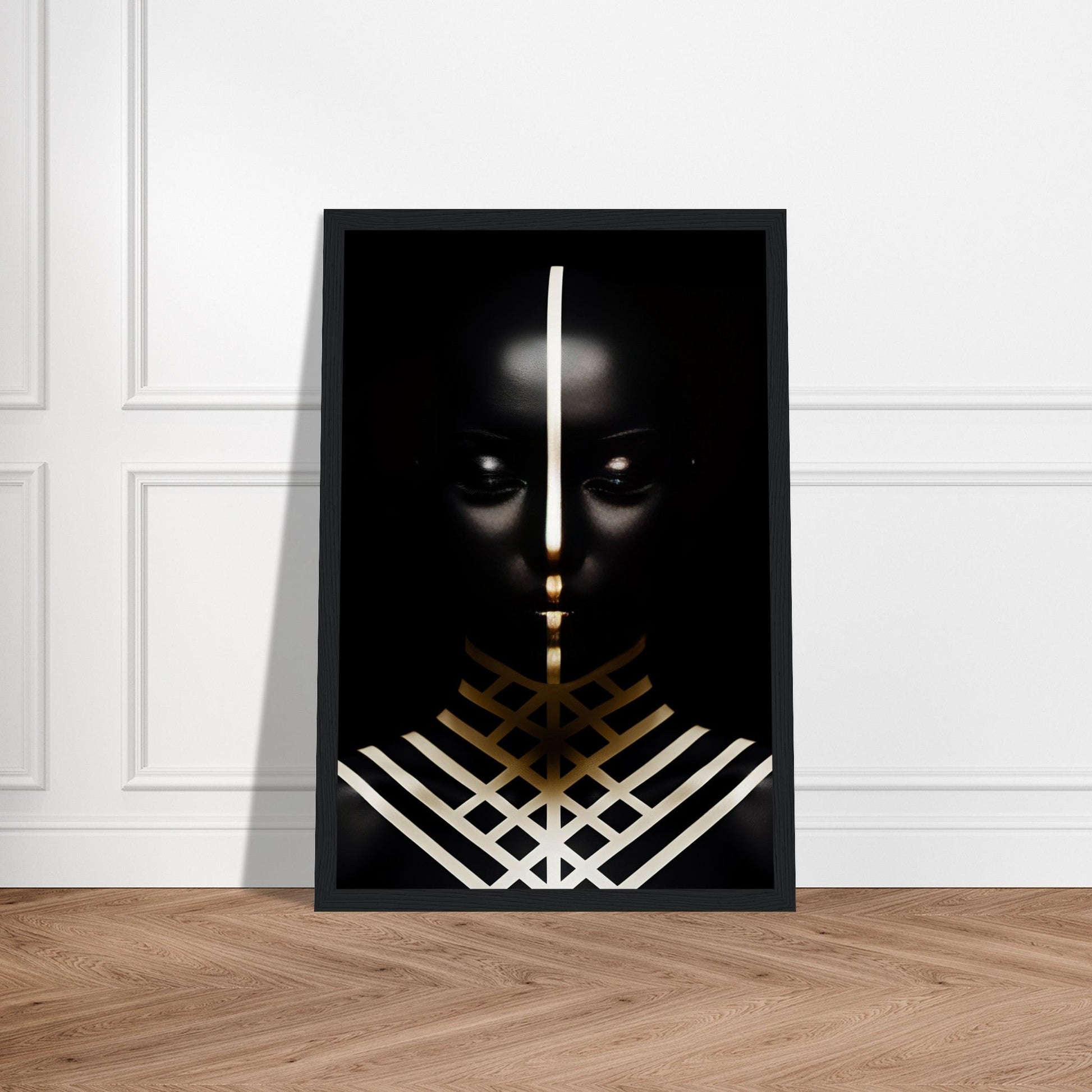 Striking black and gold artwork featuring eyes peering through geometric patterns.