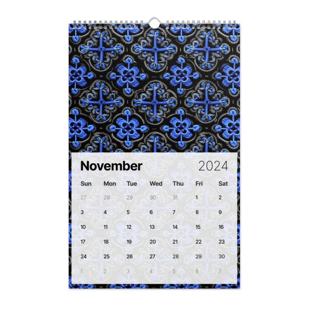 Calendar page for November 2024 with a decorative blue and black patterned background.