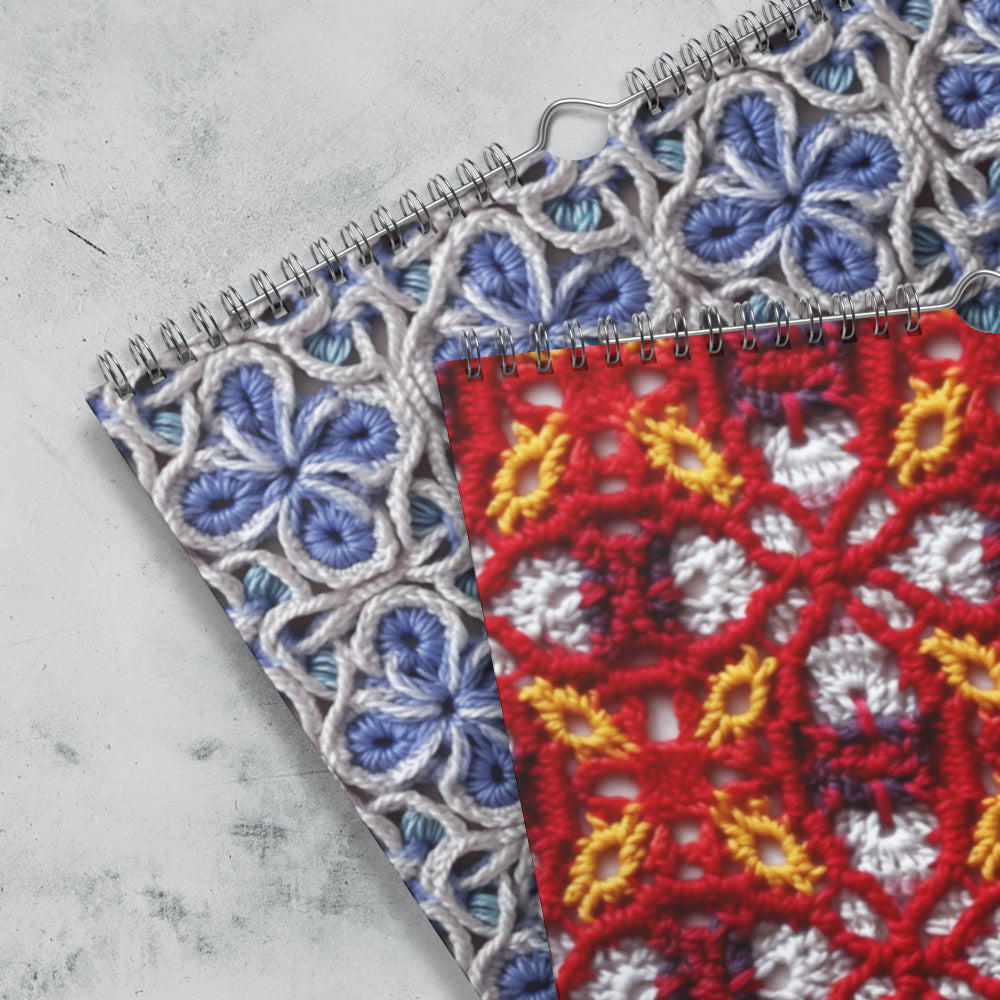 Crocheted or knitted fabric swatches with floral patterns in blue, red, yellow, and white.