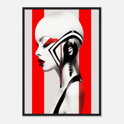 Stylized profile portrait of a figure with dramatic black and white makeup against a red and white striped background.