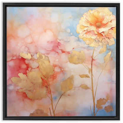 Soft, impressionistic painting of delicate flowers in warm pastel hues.