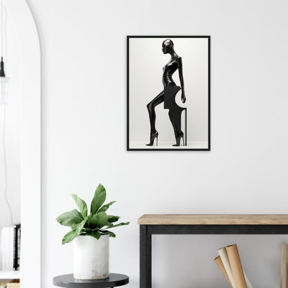 Black and white framed photograph of a stylized silhouette depicting a graceful female figure in a dynamic pose.