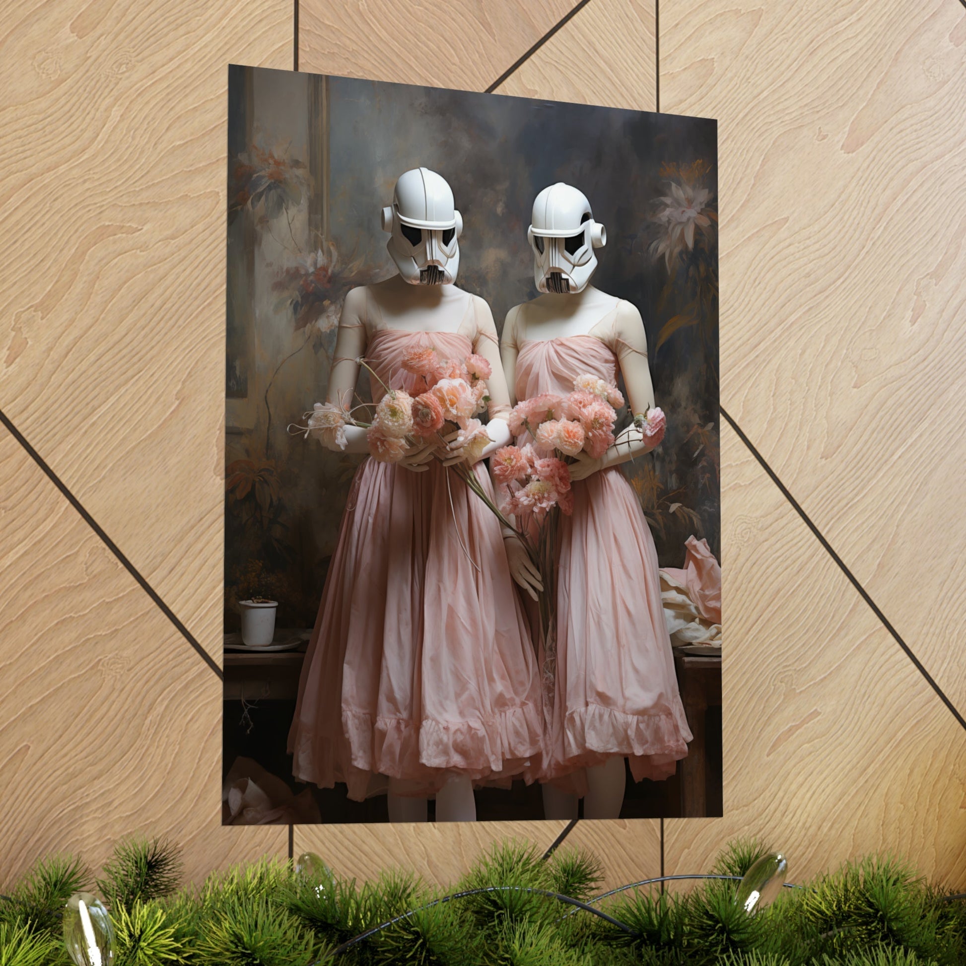 Surreal artwork depicting two figures in pink dresses wearing Stormtrooper helmets and holding stuffed animals.