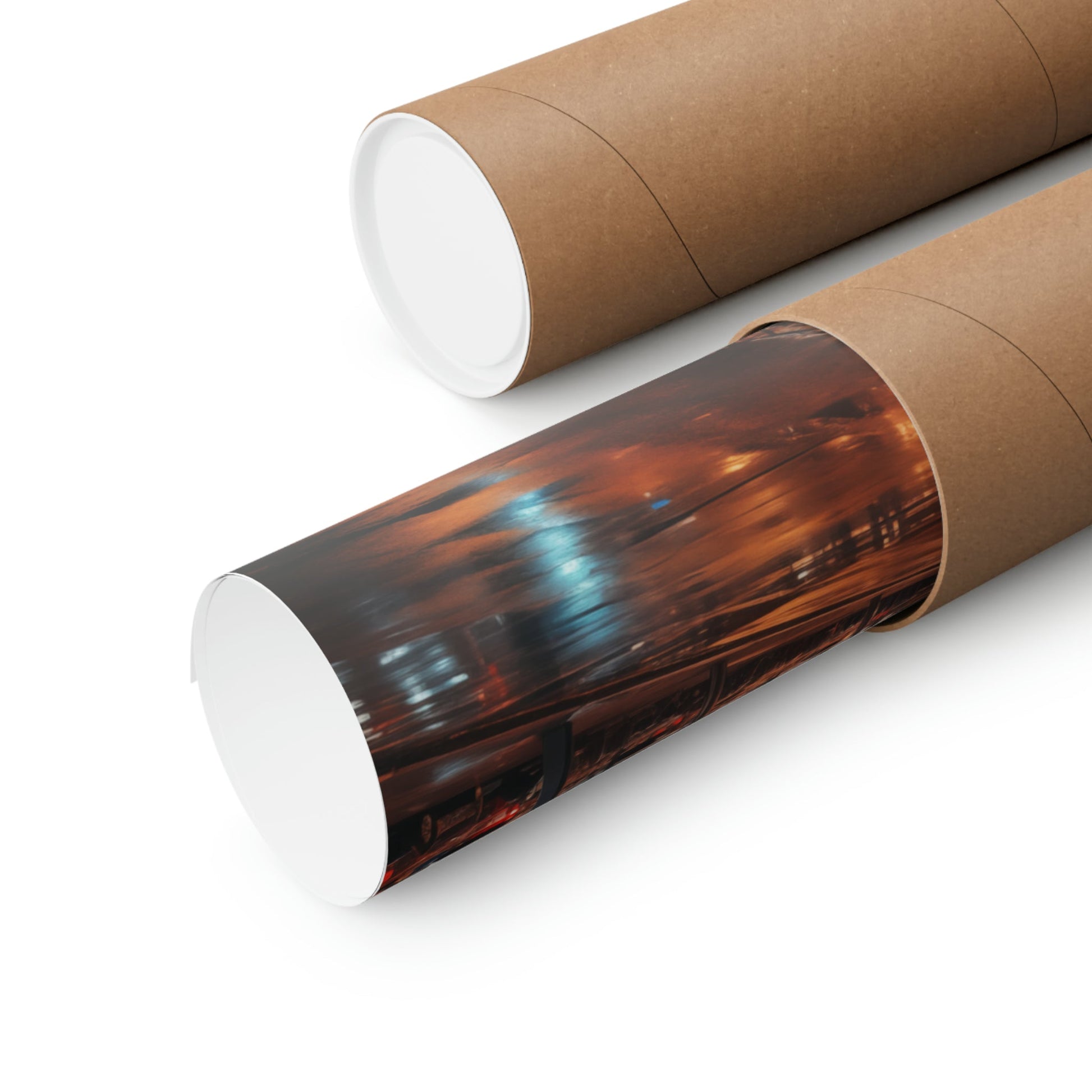 Rolled-up poster or print featuring a blurry cityscape image.