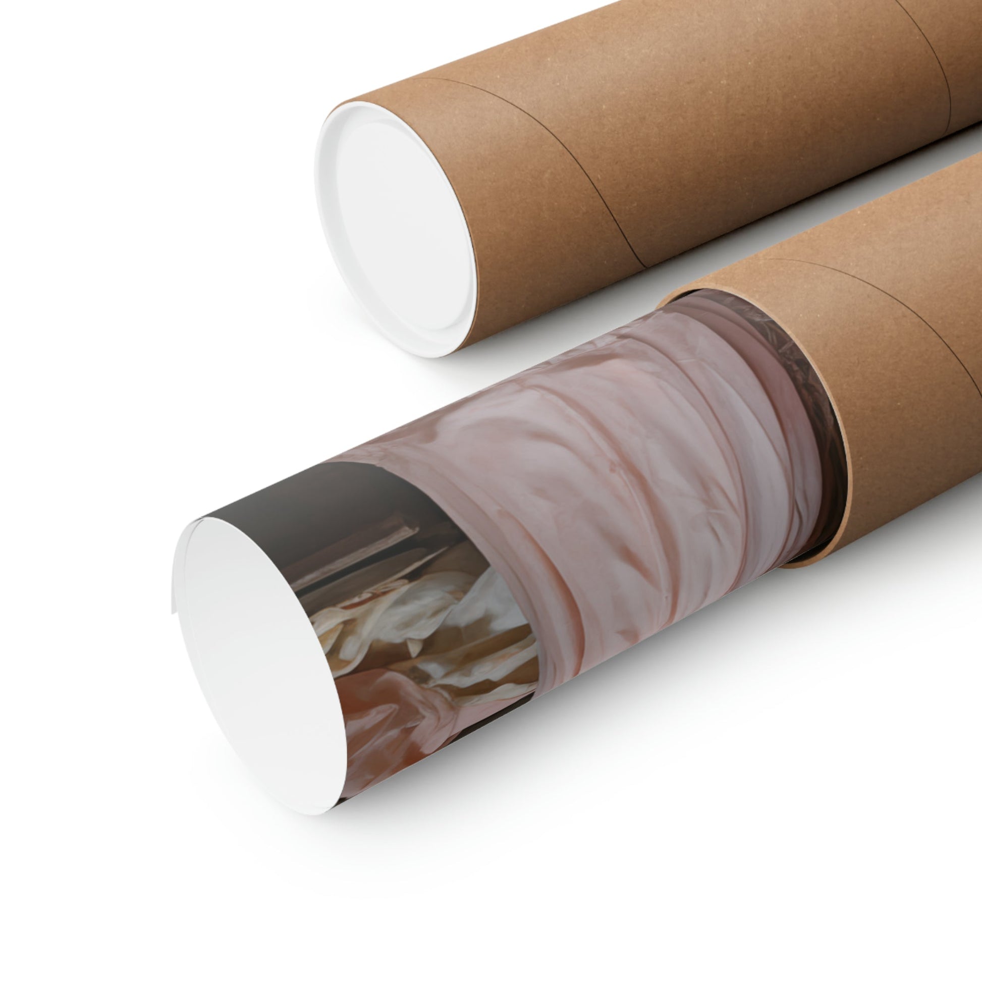 Cardboard mailing tubes, one opened to reveal contents wrapped in protective material.