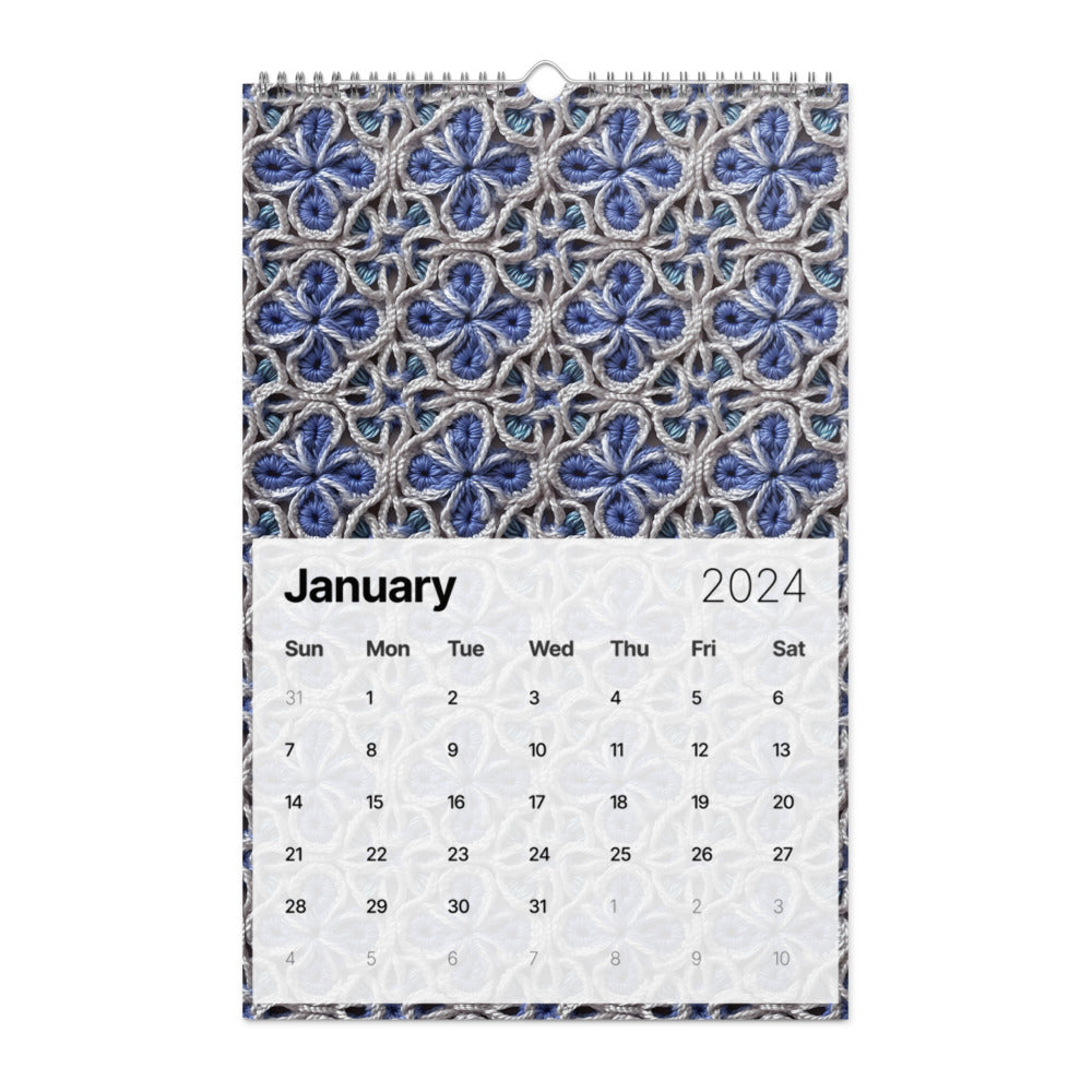 Calendar page for January 2024 with a decorative blue and white geometric pattern at the top.