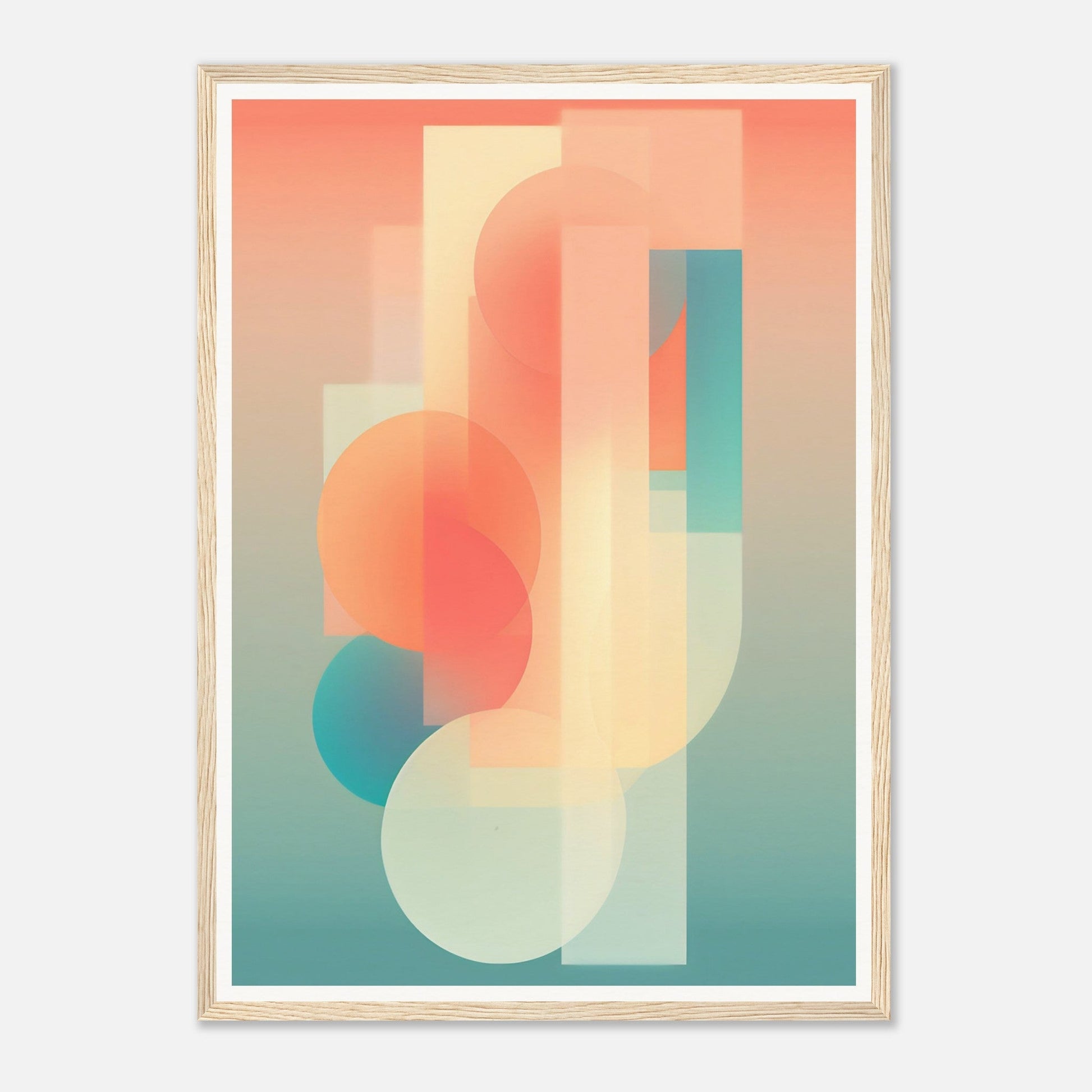 Abstract geometric composition featuring overlapping translucent shapes in soft pastel colors.