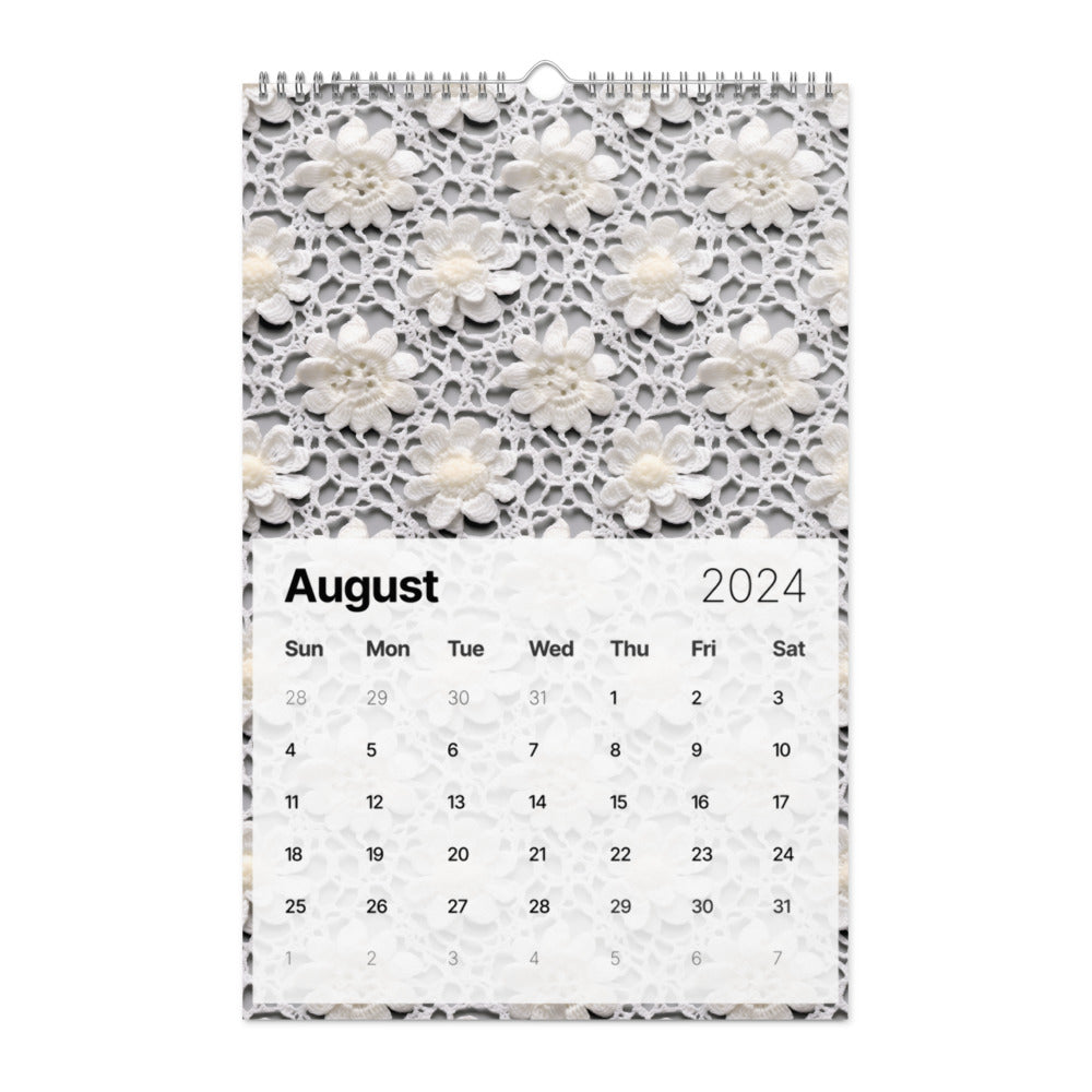 Calendar page for August 2024 with a lace pattern background.