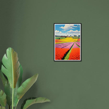 Framed photograph of colorful tulip fields in bloom.