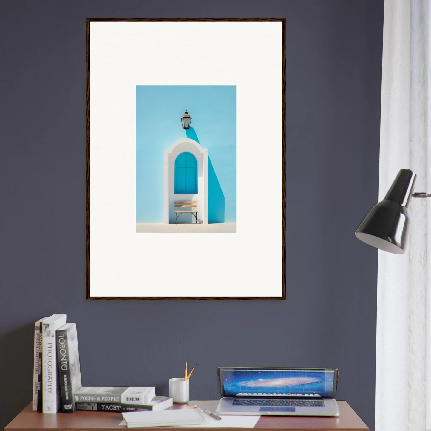 Framed wall art of a white Greek church bell tower in Ethereal Mediterranean Pause