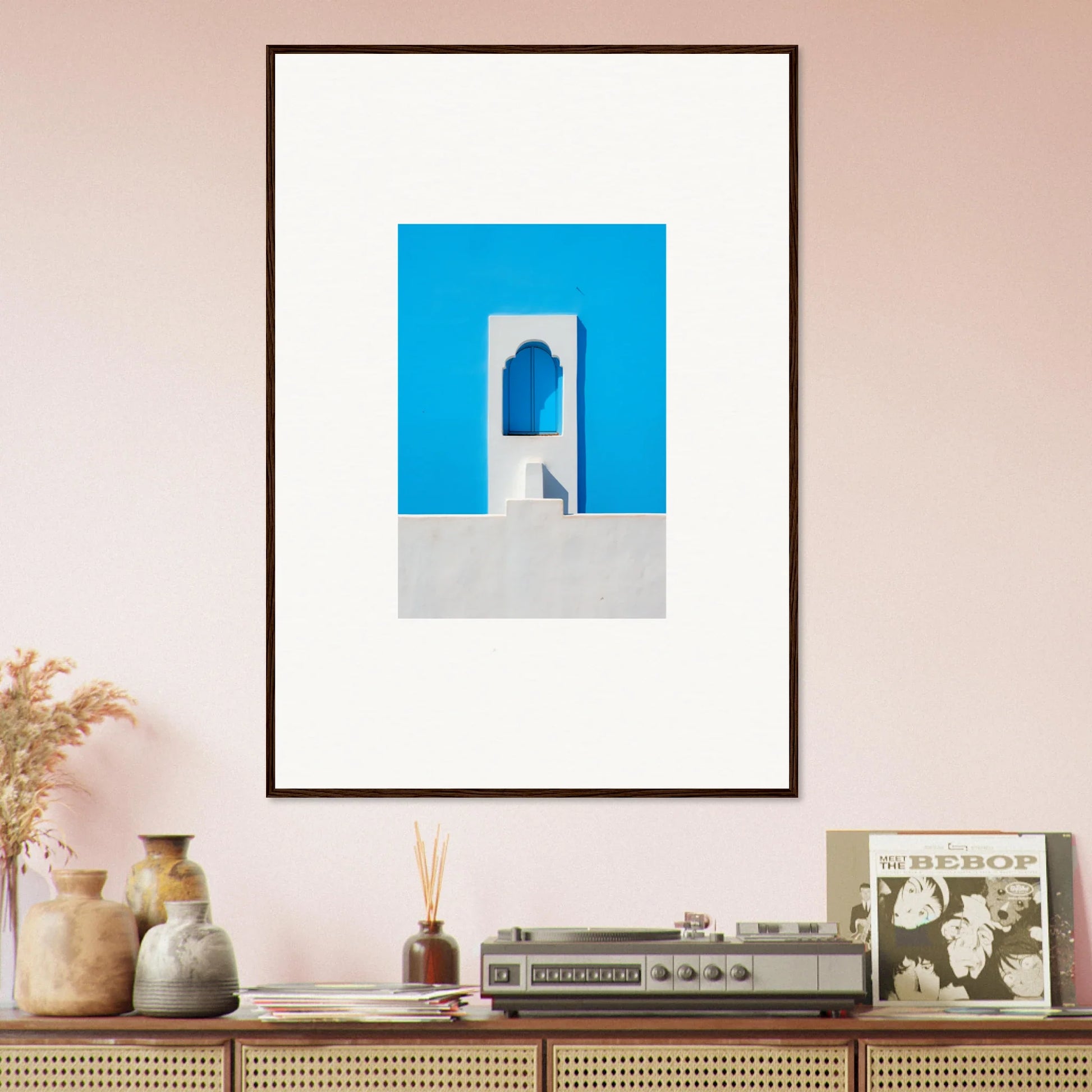 Framed minimalist Oikos Cerulean Aperturearches art print with white archway on blue