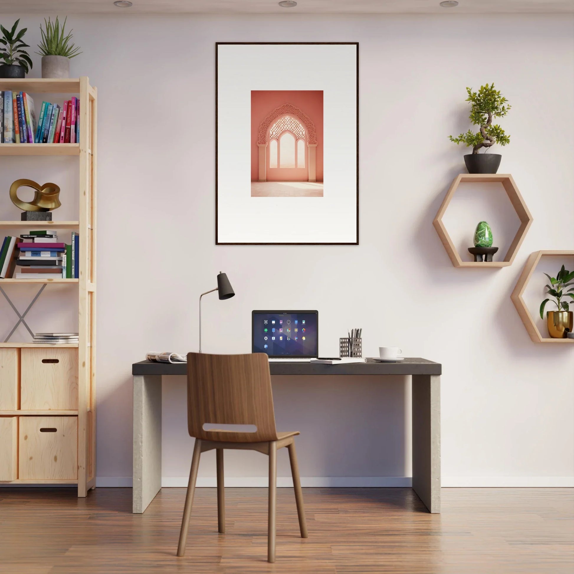 Modern home office with dark desk, wooden chair, and Versaille Sunset Reimagined art