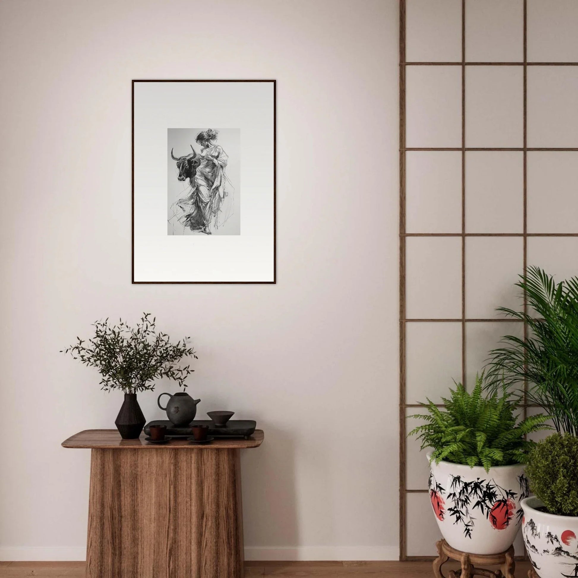 Framed black and white artwork from Splashing Gaze Melds on a light wall