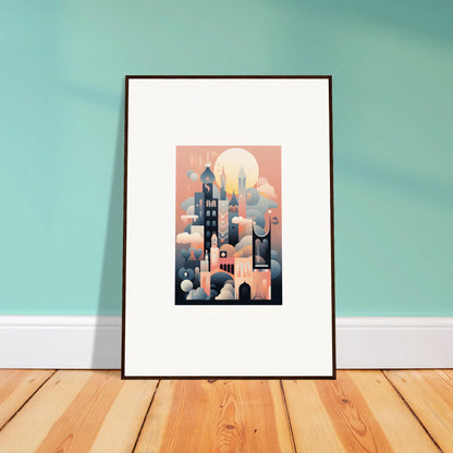 Framed art print of Ephemeral Castle Whispers with abstract cityscape in coral and blue