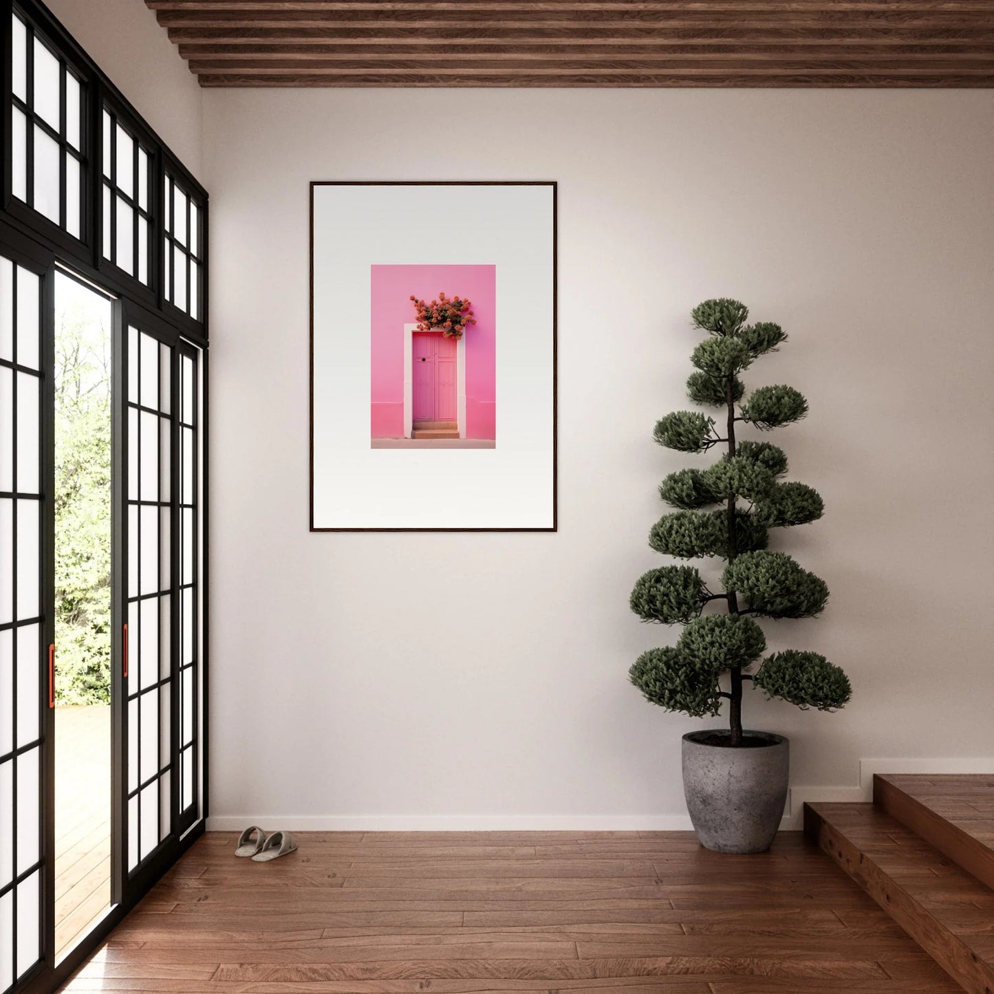 Framed wall art of a pink door with flowers from Quantum Pink Serenade special edition art™