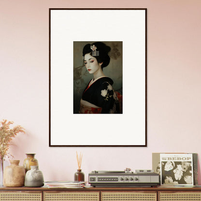 Framed wall art of a geisha in traditional makeup for Cherry Dream Surrealism