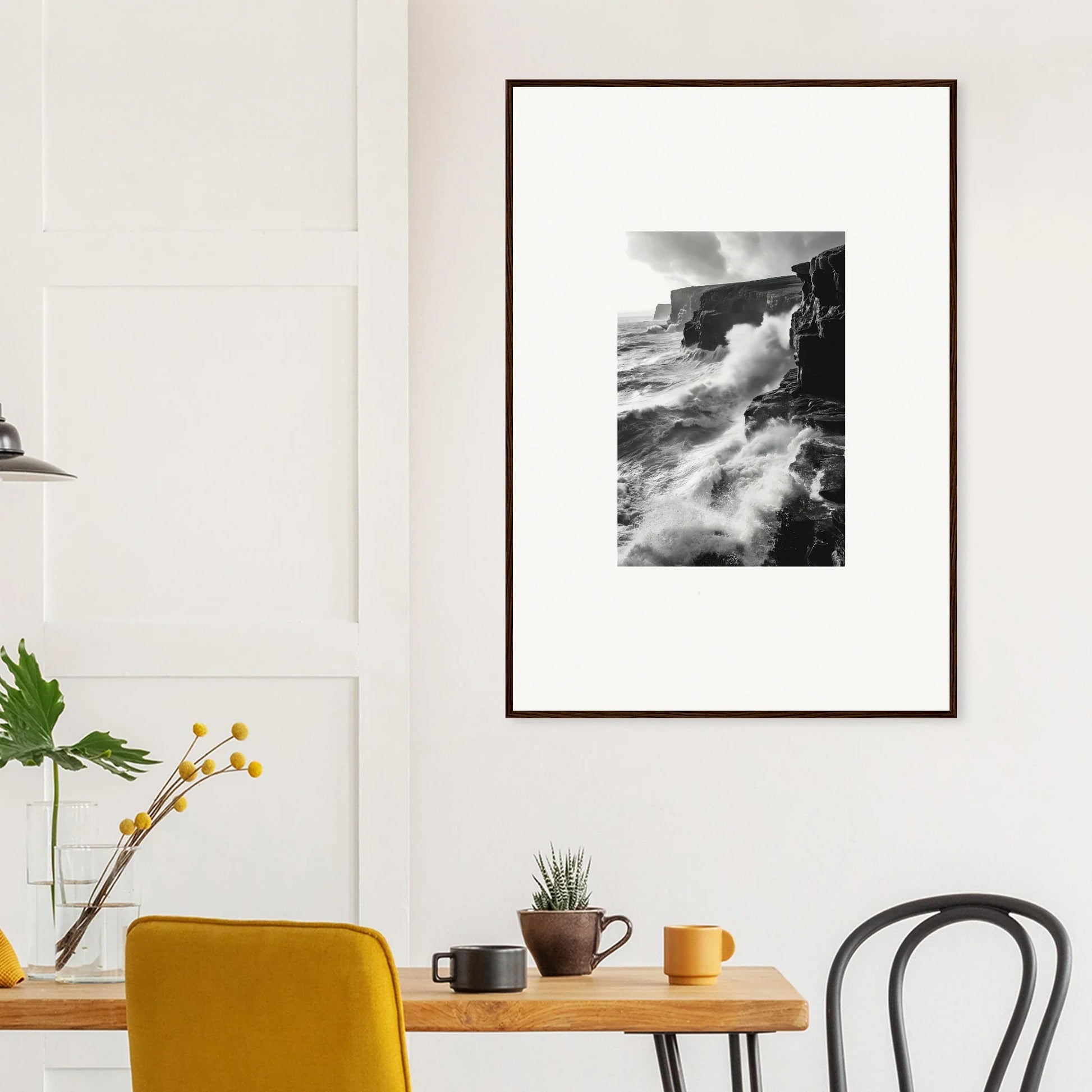 Framed black and white photo of coastal cliffs in Tempestuous Rock Ballet art™