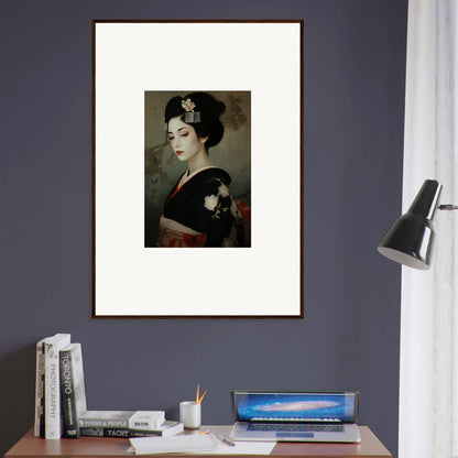 Framed vintage portrait of a geisha in a black kimono for Cherry Dream Surrealism