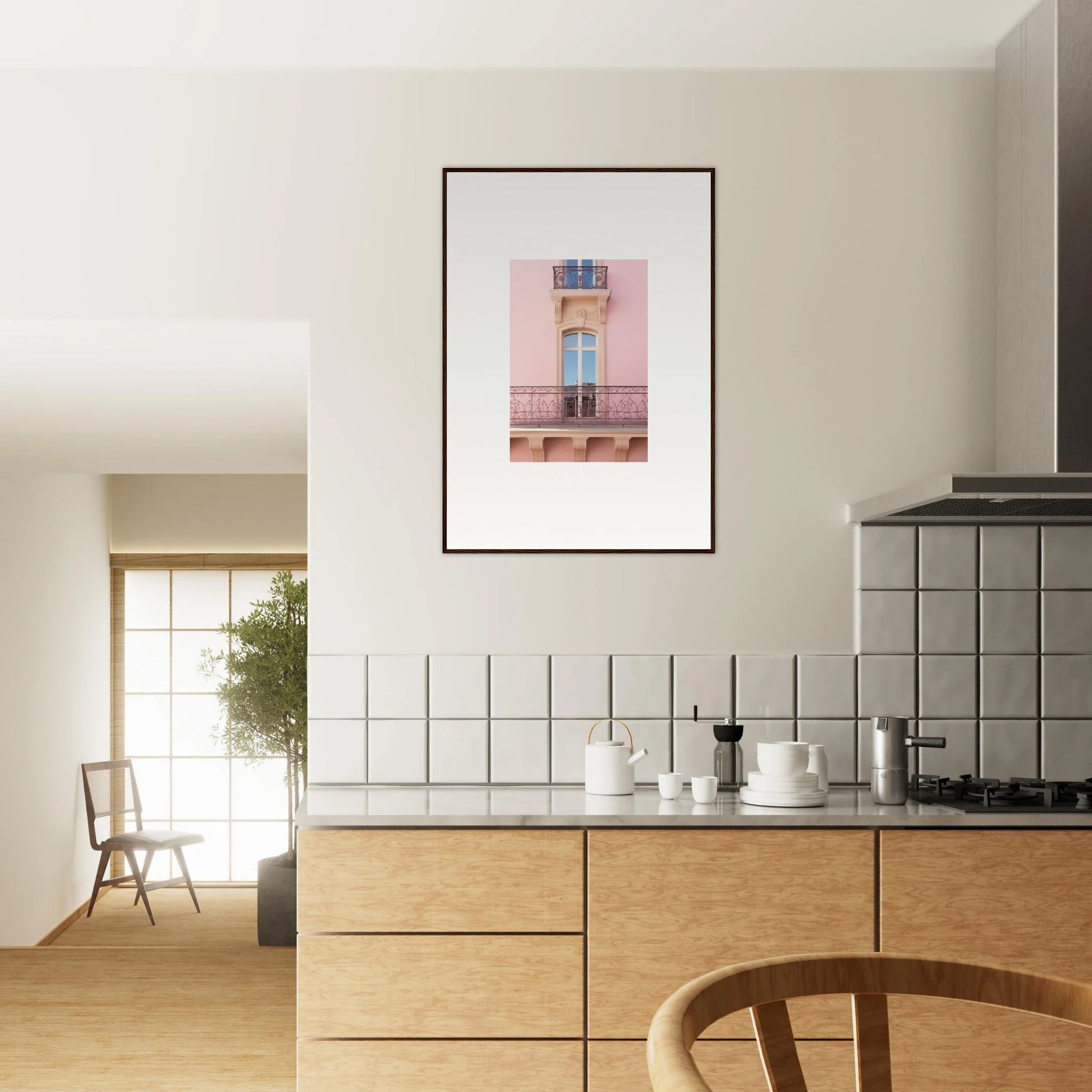 Framed wall art of a pink building and blue balcony from Dusky Dream Balustrade