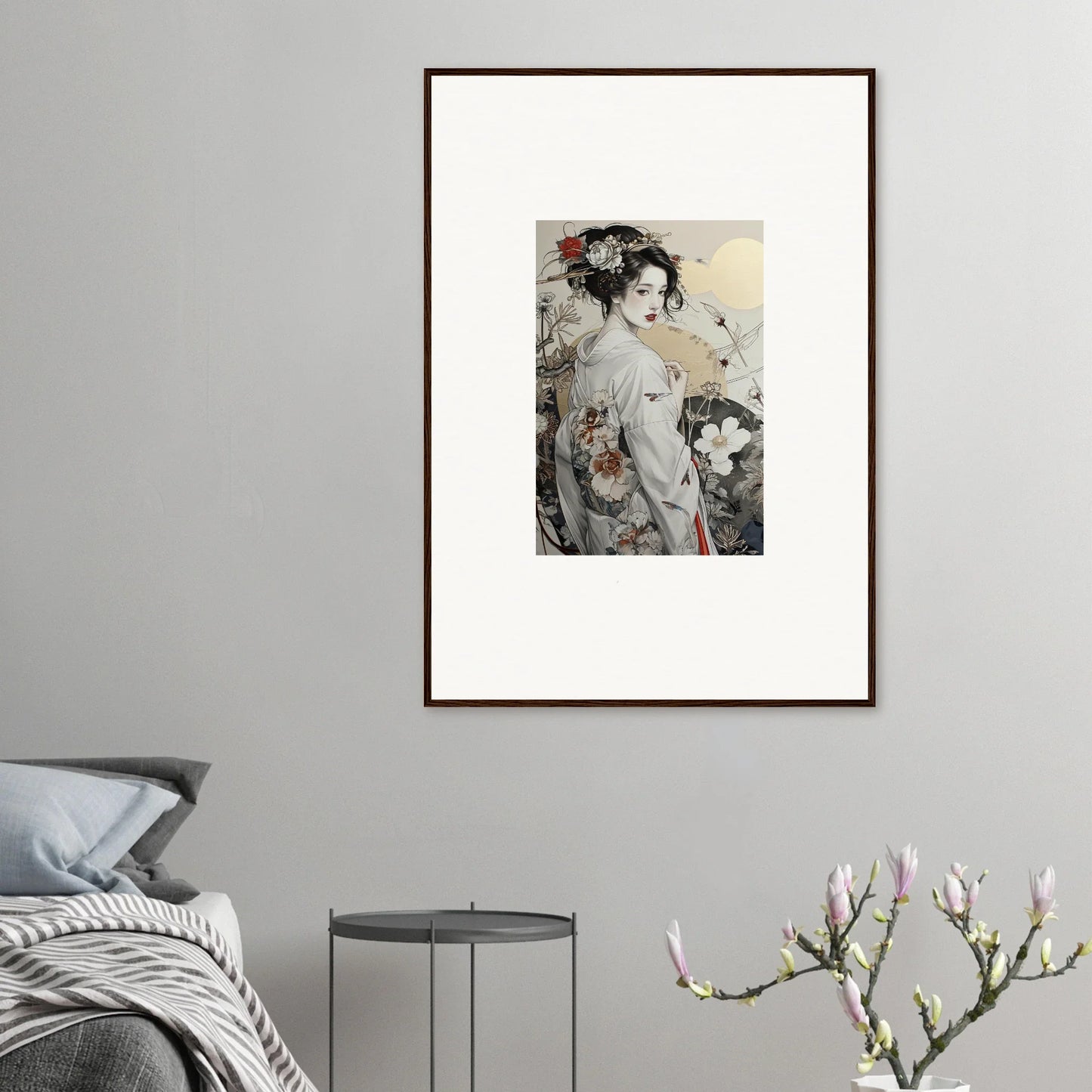 Framed Japanese-style artwork of a figure in kimono, perfect for Daydream Blossom Wistitudes