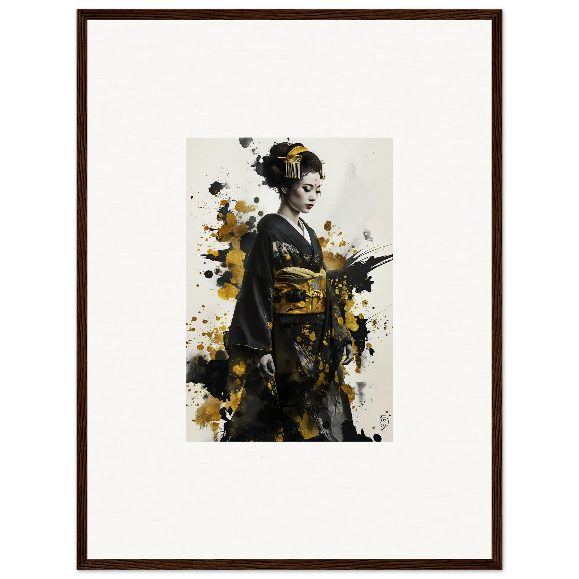 Artistic portrait of a geisha in traditional kimono with paint splatter for premium framed wall