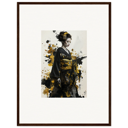 Artistic portrait of a geisha in traditional kimono with paint splatter for premium framed wall