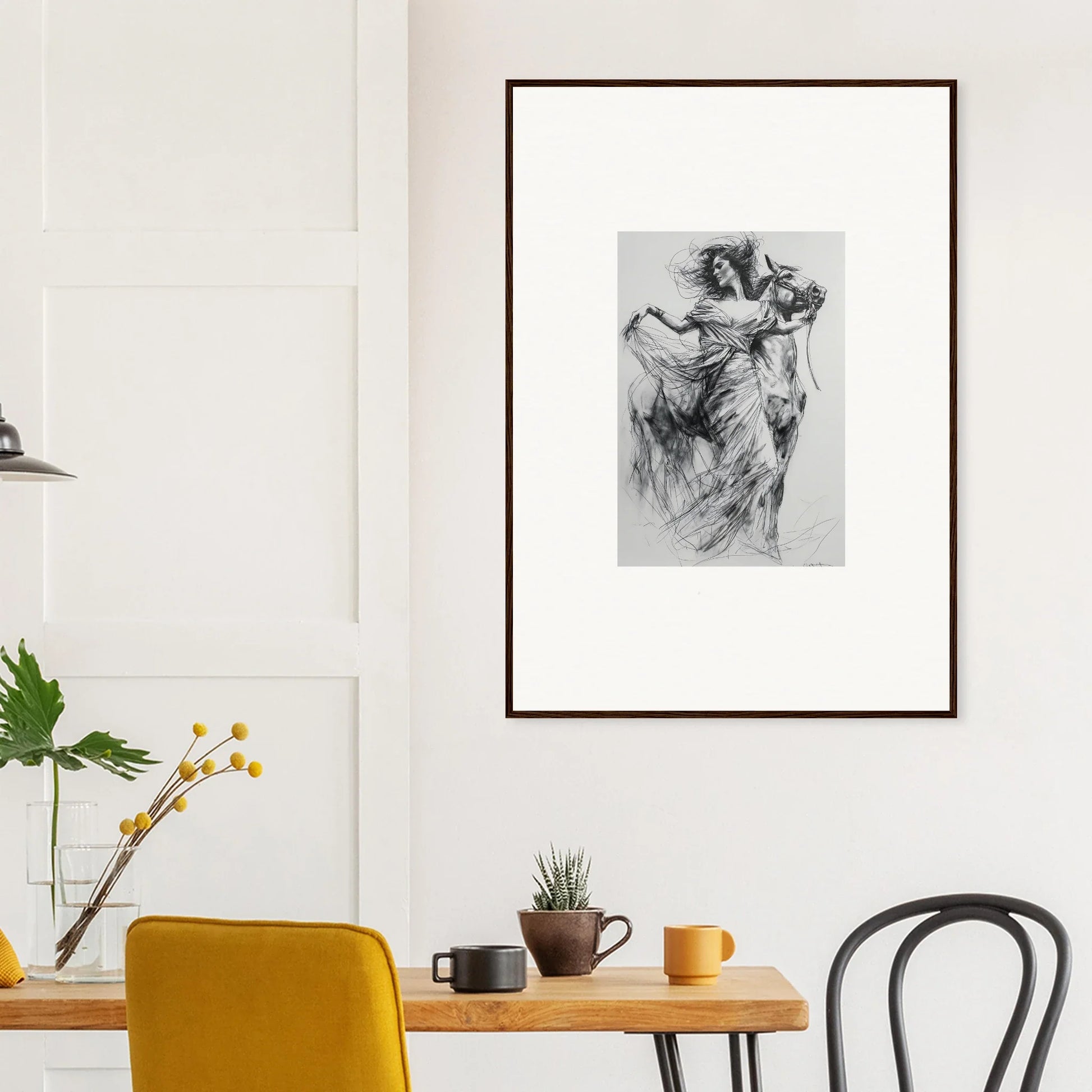 Framed black and white sketch of dancing figures for Equestrian Ether Euphoria