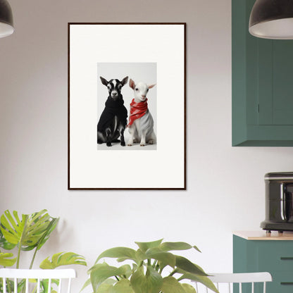 Framed wall art of black and white rabbits in Rainbow Twin Dreams design