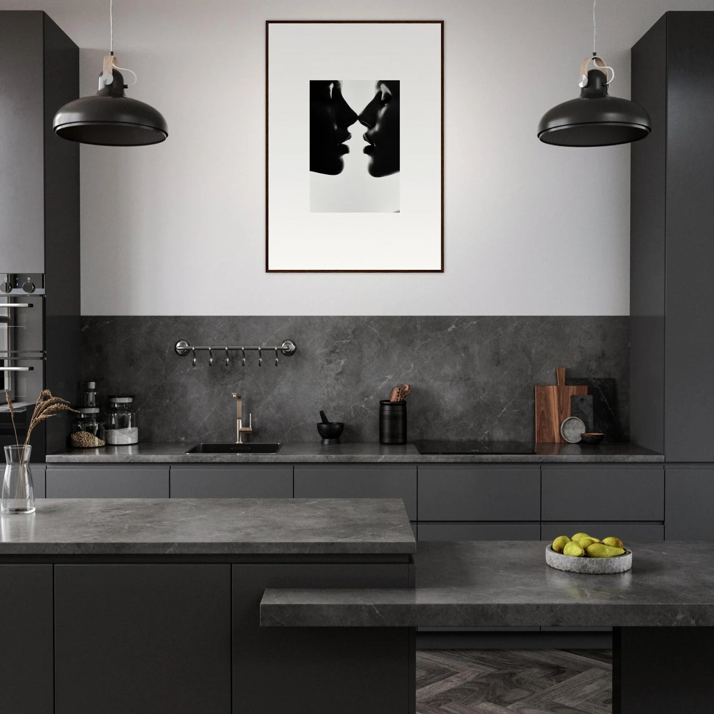 Modern dark gray kitchen featuring Whispers Kiss Universes premium framed wall art