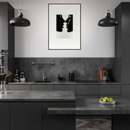 Modern dark gray kitchen featuring Whispers Kiss Universes premium framed wall art