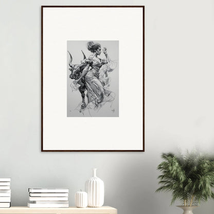 Framed black and white sketch of a figure riding a bull in Sirens’ Veil Matador art