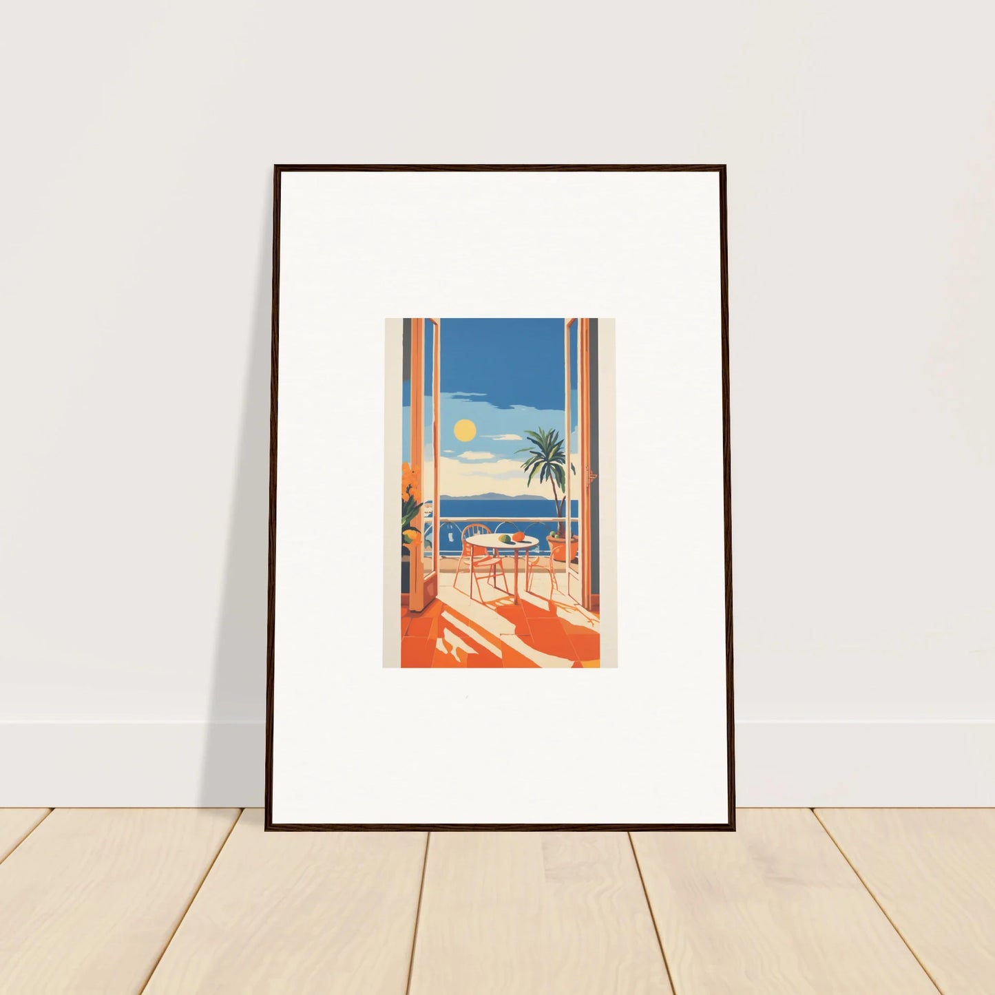 Framed art print of a coastal balcony view for Tranquil Mirage Brunch special edition art™