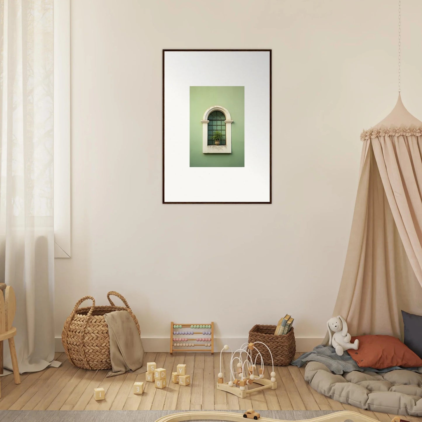 Framed wall art featuring an arched window on mint green, Eggshel PandæmonIA Bliss design