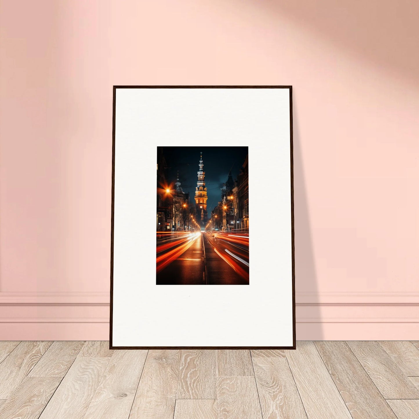 Framed Umbra Urban Nocturne art of a city street at night with light trails and church spire